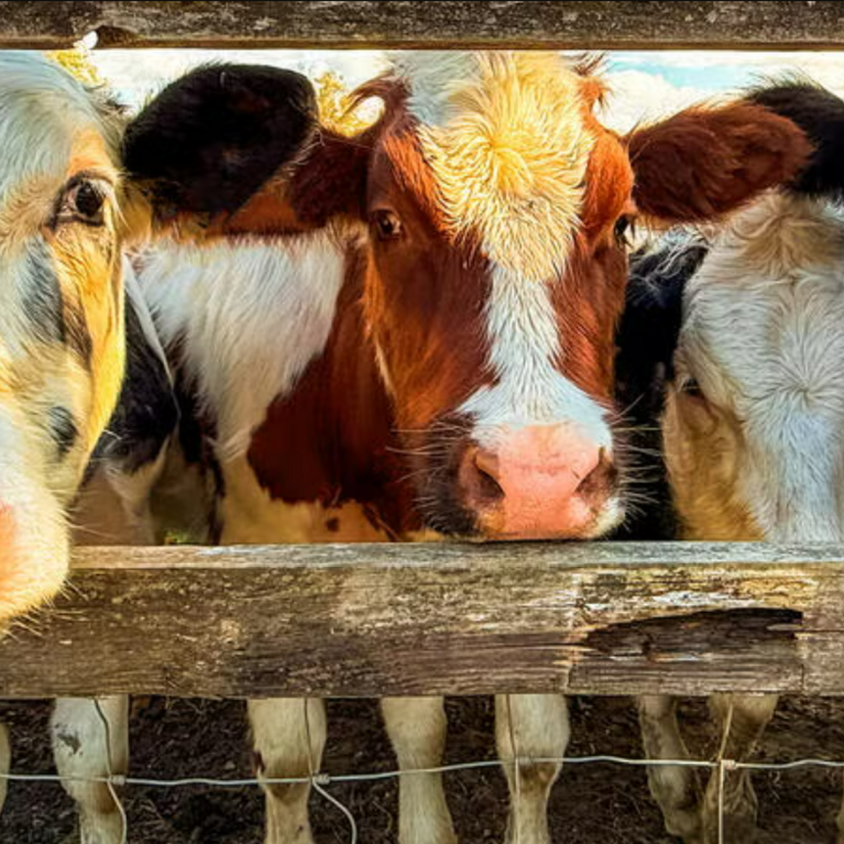 An image of five cows in a pen looking at the camera